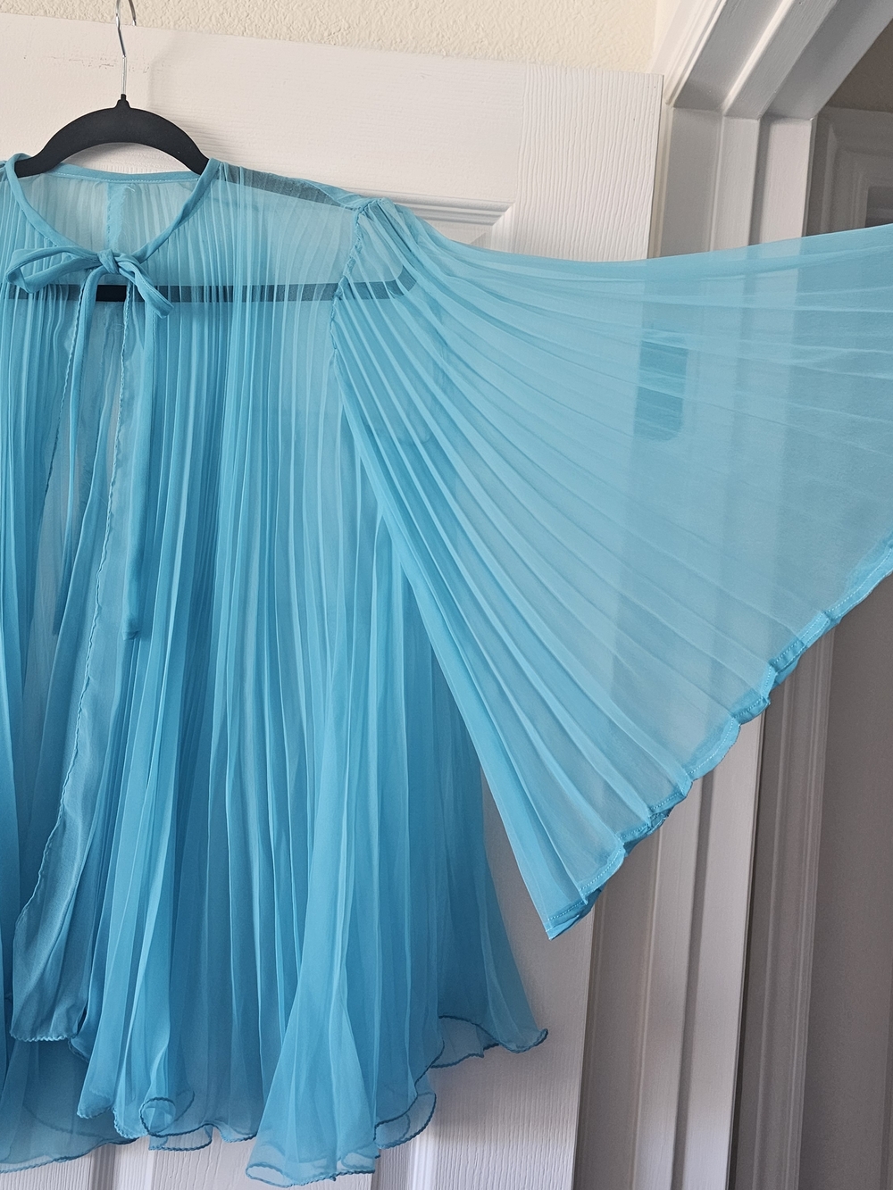1960s Vintage Blue Night Jacket Accordion Sheer Necktie Over Blouse Duster #1 - Picture 6 of 11